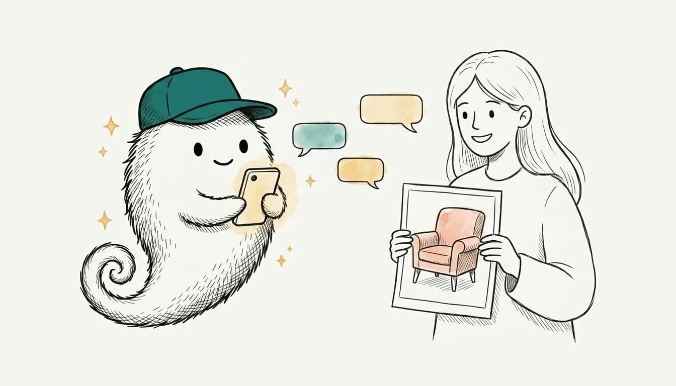 Скица с туш: Разкарко — духчето на Разкарай — държи телефон с чат балончета, а човек му подава снимка на кресло