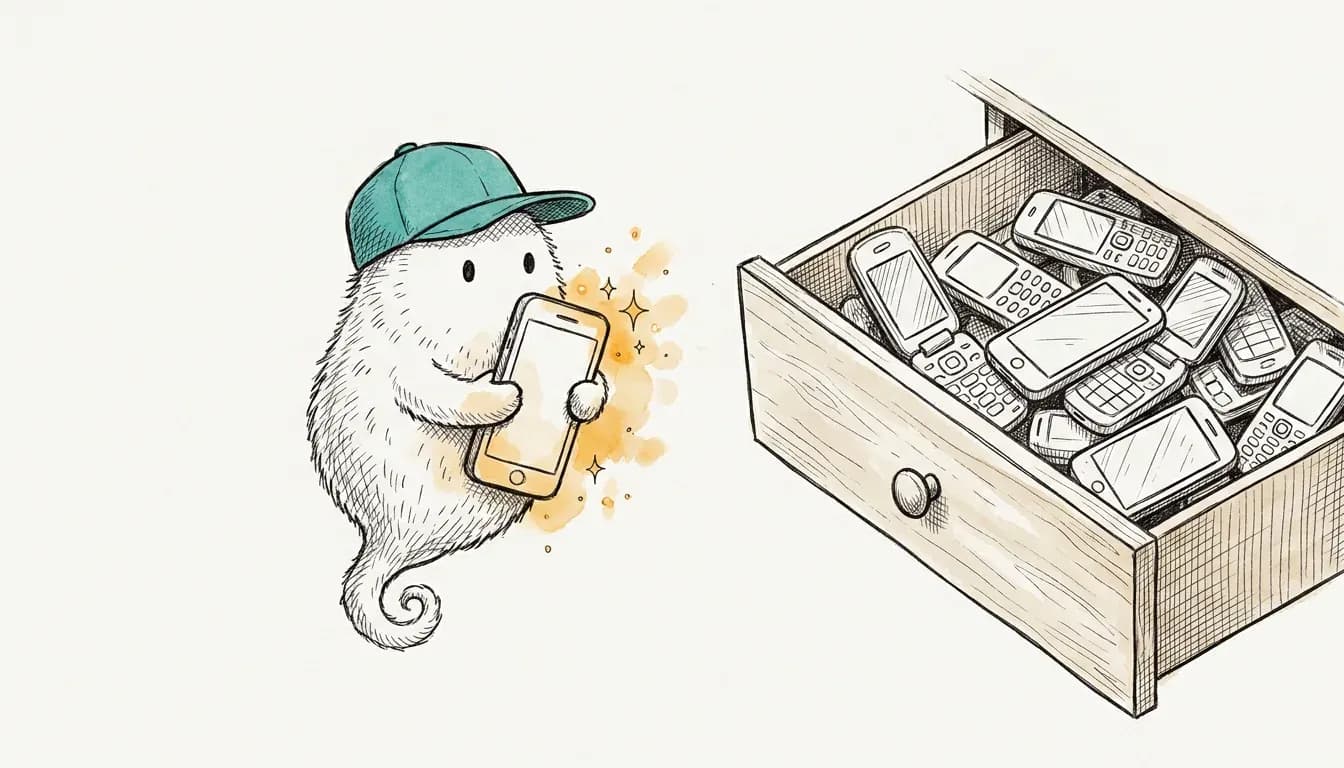 Скица с туш: Разкарко — духчето на Разкарай — изважда блестящ телефон от чекмедже, пълно със стари телефони